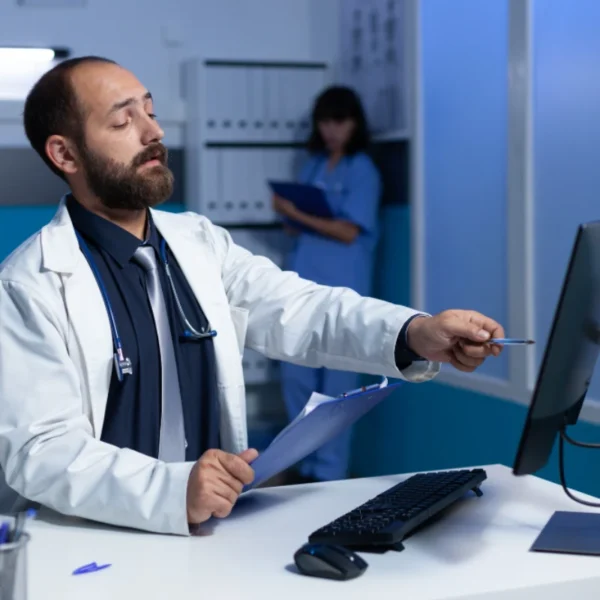 Doctor at a hospital desk gestures to a computer monitor while holding medical papers.