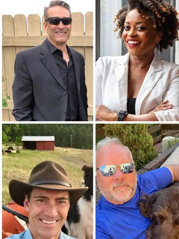Four-panel collage of diverse adults posing separately: suited man in sunglasses, smiling woman in blazer, rancher in hat, and relaxed man with a dog.