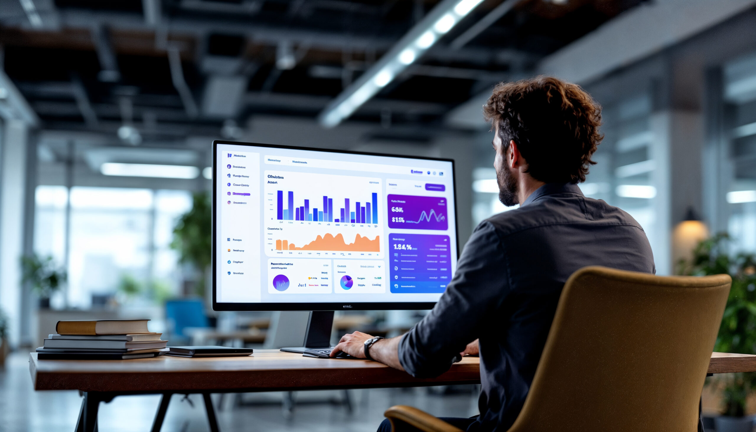 Office analyst reviews colorful dashboard charts on a widescreen monitor in a modern workspace.