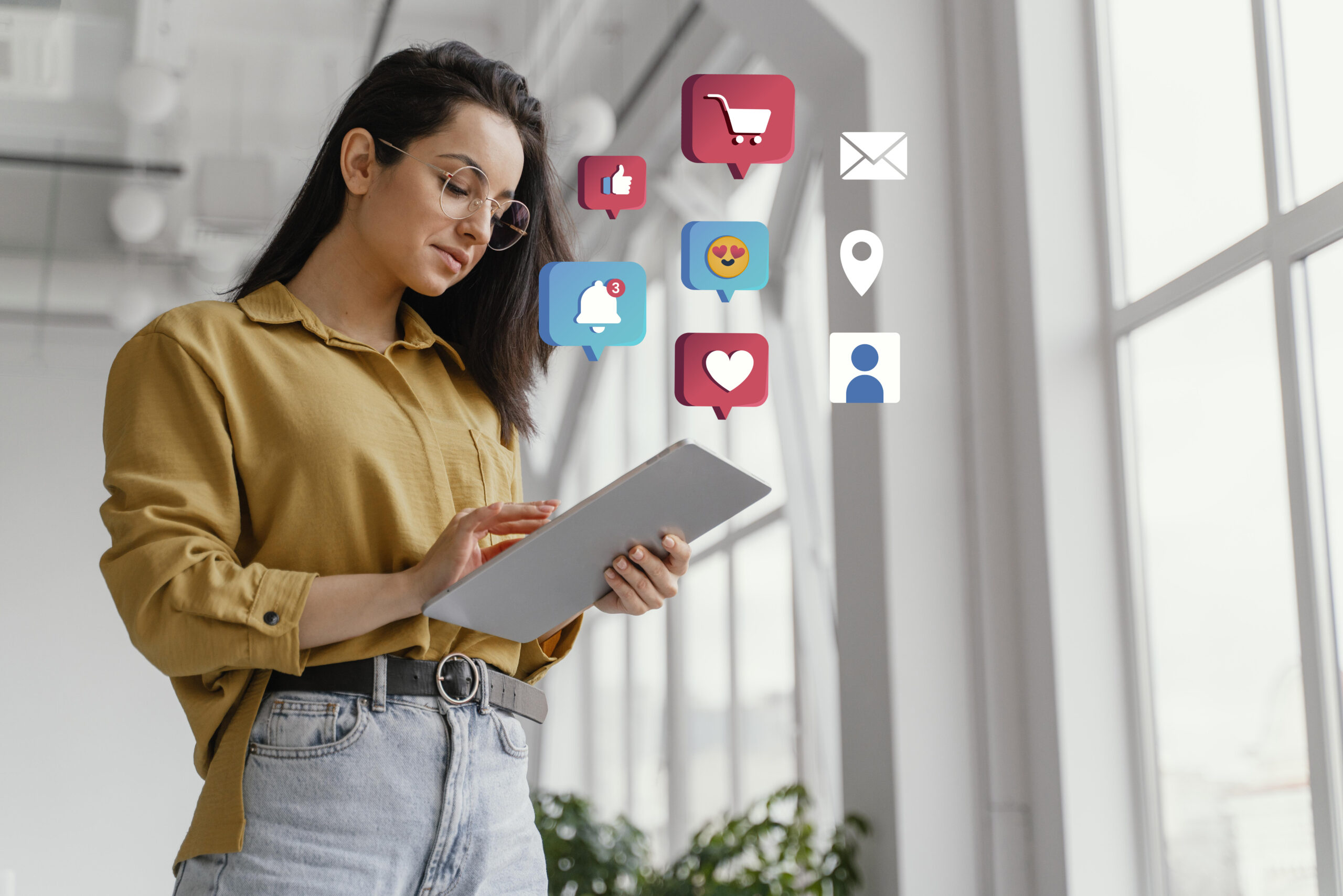 Woman using a tablet is surrounded by floating social-media and shopping notification icons.